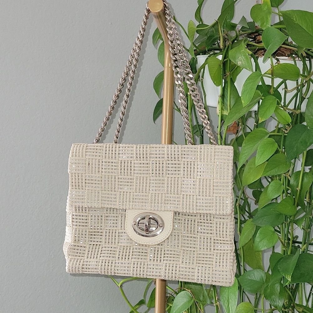 vintage Alma Tonutti tan and silver metallic woven shoulder bag